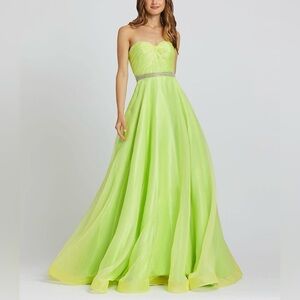 MAC DUGAL Neon Green Strapless Pleated Gown Rhinestone Waist 6 Formal Dress